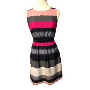 Spring Summer Loft Ann Taylor striped gray, pink black a line fit and flare slee